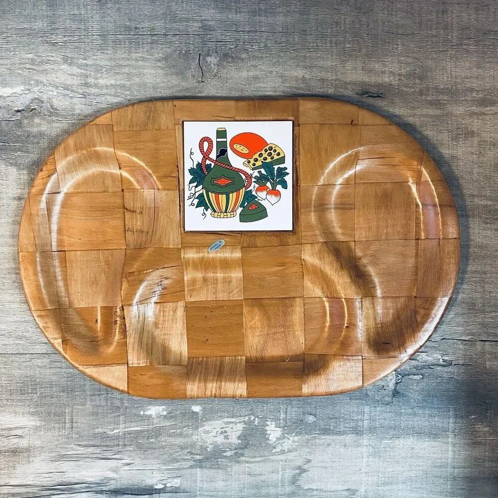 Vintage MCM Parquet Wood Charcuterie Board Divided Tray Tile Inlay 18